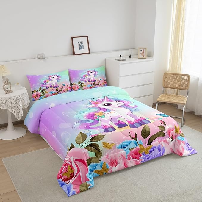 Cartoon Unicorn Kids Comforter Set Twin Size,Rose Flowers Butterfly Leaves Bedding Set,Girls Women Room Decor,Starry Sky Unicorn Cute Down Comforter,Pink Purple Romantic Duvet Insert,1 Pillowcase