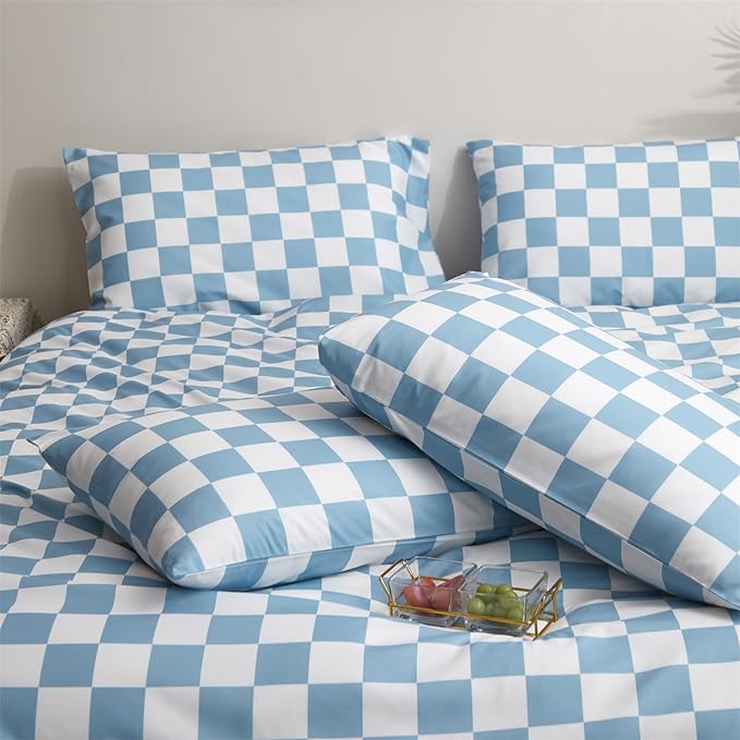 Blue White Grid Comforter Set King Blue Plaid Bedding Set Women Blue and White Checkered Bed Comforter Set Breathable Blanket Set Men Durable Bedding Comforter Set