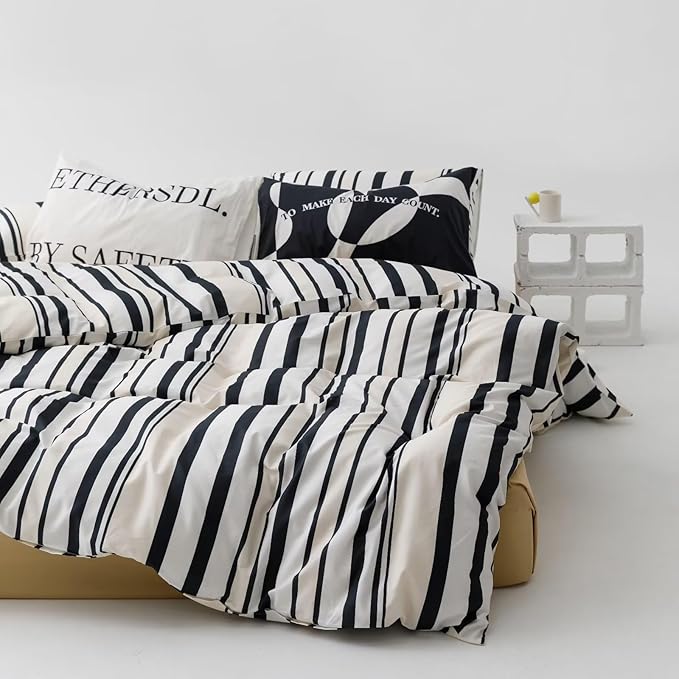 Striped Comforter Set King Black and White Comforter Men Women Modern Chic Stripes Bed Comforters Beige Black Striped King Ticking Bedding Comforter Set All Season Hotel Quality Bed Set
