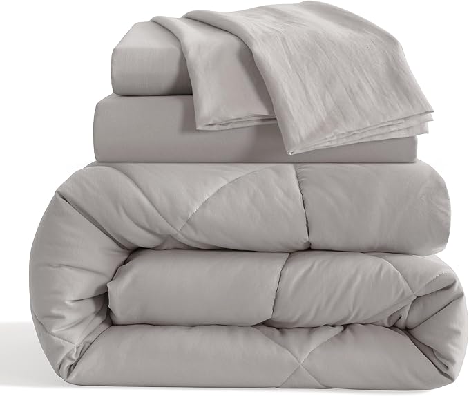 NTBAY Twin Comforter Set with Sheets, 5 Pieces Soft and Breathable Twin Bedding Set, Twin Bed in a Bag, Down Alternative Comforter Set Solid Color All Season, Kids Bedding Set, Smoke Grey