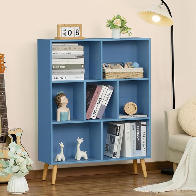 YAHARBO 7 Cube Bookshelf, Blue Kids Book Shelf with Cubby Storage,Wooden Modern Bookcase with Legs,3 Tier Freestanding Display Book Case,Children Toy Organizer,Bookshelves for Office,Nursery,Playroom