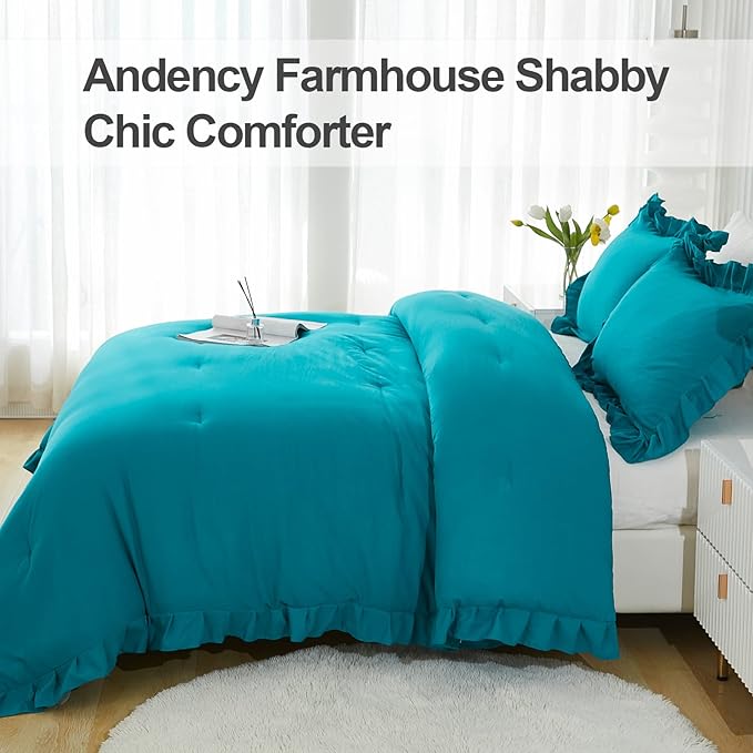 Andency Turquoise King Comforter Set(104x90Inch), 3 Pieces(1 Ruffle Comforter and 2 Pillowcases) Lightweight and Fluffy Bedding Comforter Set, All Season Soft Microfiber Shabby Chic Bedding Set