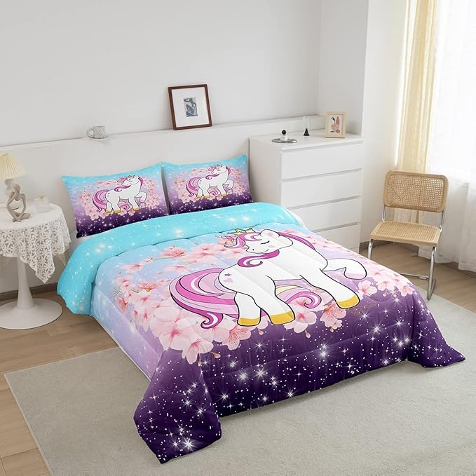 Unicorn Comforter Set King, Kids Unicorn Floral Bedding for Girls Boys Children Bedroom Decor, Cherry Blossoms Glitter Down Comforter Galaxy Kawaii Quilt Set with 1 Pillowcase, Blue Purple Ombre