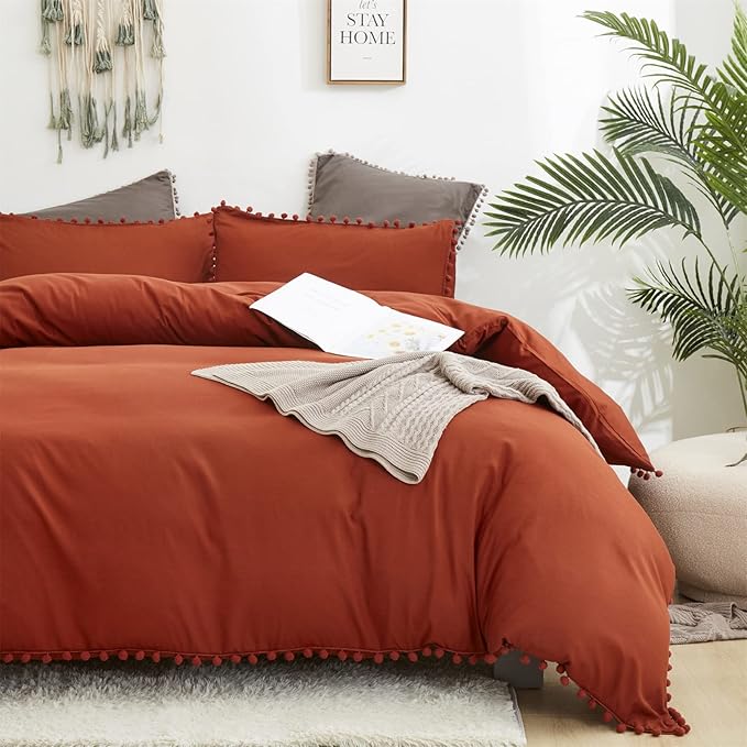 Burnt Orange Comforter Set Queen Size Rust Pom Comforter 3 PCs Burnt Orange Boho Ball Pom Fringe Queen Comforter Bedding Set Women Solid Terracotta Queen Bed Comforter Set All Season Gift