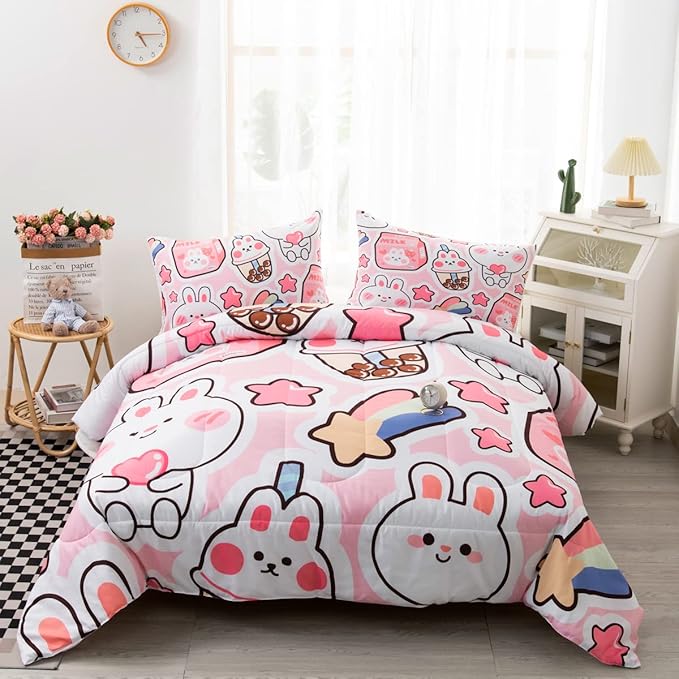CVHOUSE Kawaii Bedding Full Size,Kawaii Rabbit Bedding Set for Girls Kids,Cute Rabbit Comforter Set Kawaii Rabbit Duvet Set Rabbit Pattren Quilt Set Girls Room Decor 3 Pieces