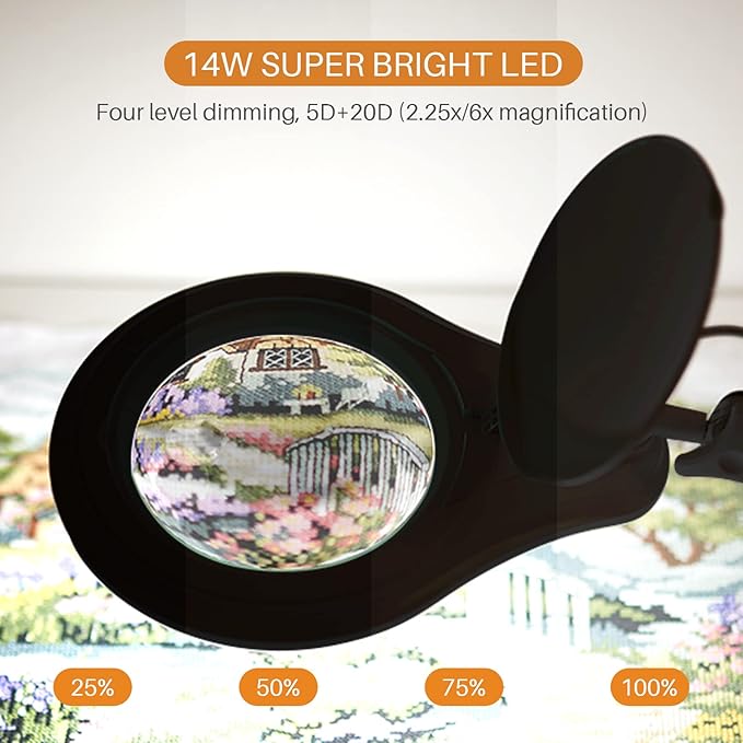 Bifocals LED Magnifying Lamp with Clamp, 5 Diopter with 20 Diopter, 5 Inch Magnifier Glass Lens, 1200 Lumens Dimmable Magnifier Lamp for Desk Craft Hobby with 60PCS Bright LEDs