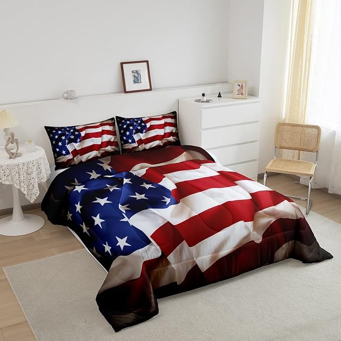 Erosebridal American Flag Comforter Set, United States Down Comforter Queen Size for Kids Boys Teens, USA Federations Stars Bedding Set Geometric Stripes Quilted Duvet for Bedroom, Blue White and Red