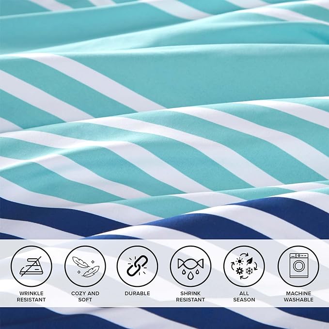Comfort Spaces Queen Comforter Sets with Sheets - Bed in a Bag 9 Pieces Teen Bedding Sets Queen, Navy and Grey Stripes Bedding Queen, College Queen Bed Set, 2 Side Pocket Bedroom Organizer Queen Navy