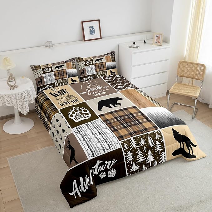 Rustic Farmhouse Kids Comforter Set Twin Size,Deer Antlers Bear Paws Plaids Patchwork Bedding Set for Boys Girls Adults Room Decor,Pine Trees Xmas Down Comforter,Brown Duvet Insert,1 Pillowcase