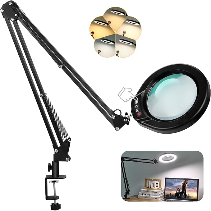 VEEMAGNI 5 Inch Large Magnifying Glass with Light and Stand, 5 Color Modes Stepless Dimmable, 2*16 Inch Swivel Arm LED Clamp Desk Lamp, Hands Free 10X Lighted Magnifier for Close Work Crafts Soldering