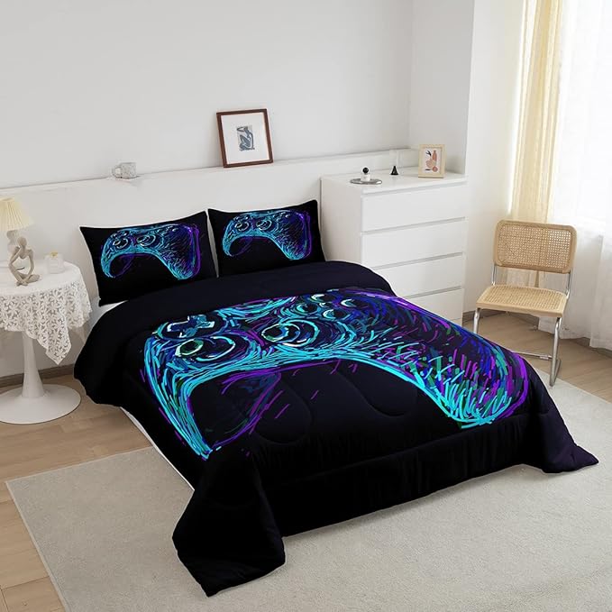 Gamer Comforter Set for Boys Teens Blue and Black Gaming Bedding Set Video Game Bedding Home Decor for Kids Comforter Twin Size 2 Pieces Gamepad Quilted Duvet Set 1 Comforter with 1 Pillowcase