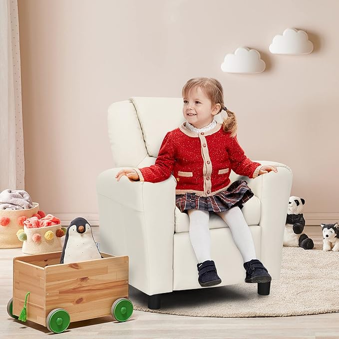 ARLIME Kids Recliner chair, toddler Armchair Upholstered Couch with Cup Holder, Backrest, baby Leather sofa with Headrest and Footrest, Child Furniture for Ages 2-7 (Beige)