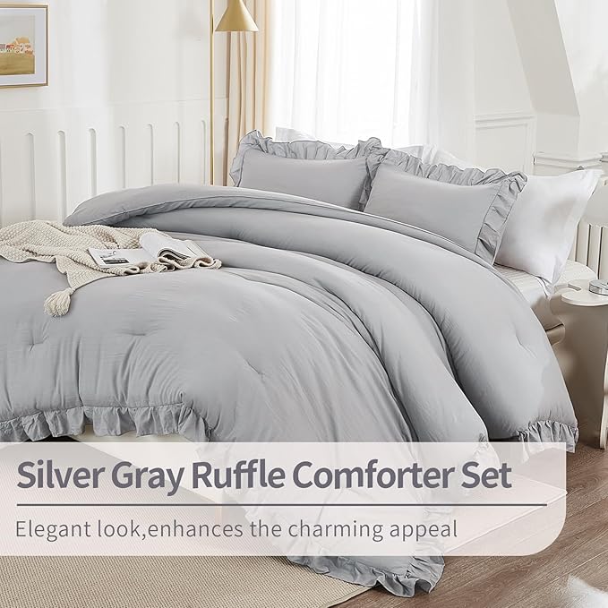 Andency Silver Gray Twin Size Comforter, 2 Pieces Farmhouse Classic Chic Ruffle Comforter for Kids, Lighteweight Soft Microfiber Bedding Set for Girls(1 Ruffle Comforter and 1 Pillowcase)