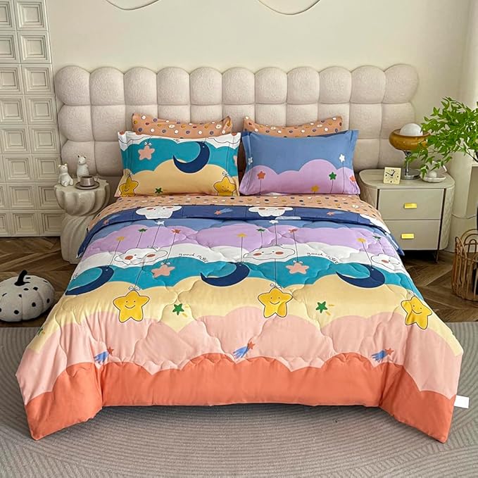Kids Moon Stars Cloud Comforter Set Full size - 7 Piece Rainbow Kawaii Bedding Set Bed in A Bag for Girls Boys Teens - Goodnight Moon Neutral Soft Comfortable Machine Washable Bed Set