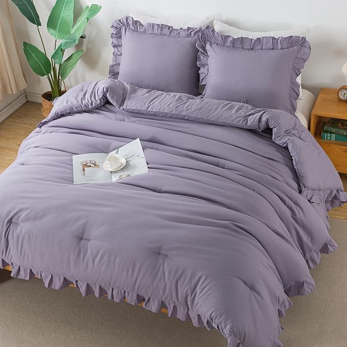 Andency Greyish Lavender Purple Full Size Comforter Set, 3 Pieces(1 Ruffle Comforter and 2 Pillowcases) Lightweight Fluffy Bedding Comforter Sets Full Bed, All Season Soft Microfiber Bedding Set