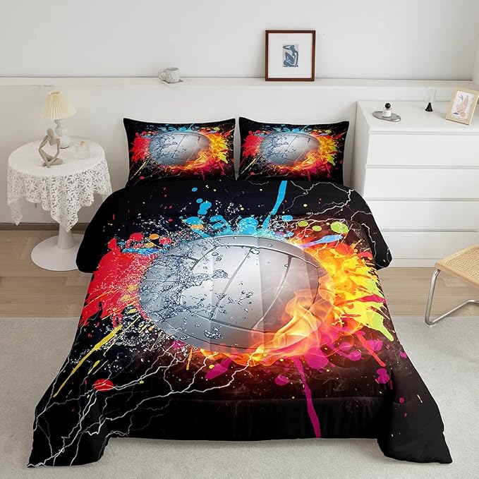 Erosebridal Kids Volleyball Comforter Set for Teen Girls Boys Volleyball Bedding Set Full Grunge Hippie Tie Dye Bedding Comforter Red Blue Fire Water Lightning Quilt Duvet Insert 2 Pillow Cases