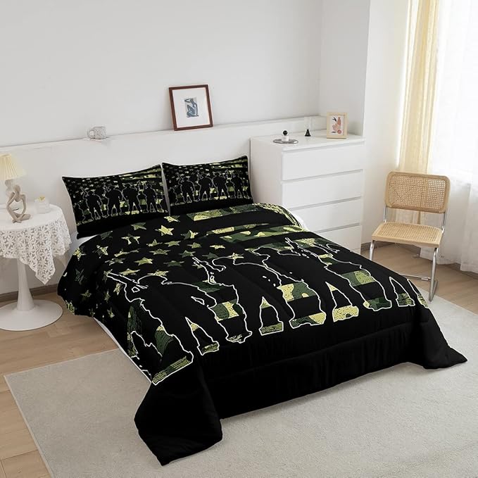American Flag Comforter Set Twin for Boy Teen ArmyGreen Camouflage Down Comforter Adult Men Soldier Silhouettes Quilted Duvet Military Style Camo Bedding Comforters, 1 Comforter Set + 1 Pillowcase