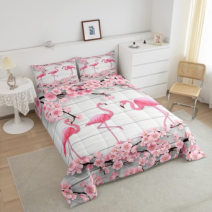 Erosebridal Flamingo Bedding Set Twin,Cherry Blossoms Comforter Set for Girls Teens Women,Pink Tropical Bird Animal Comforter Flower Rustic Wooden Board Quilt Duvet Sets with 1 Pillow Case
