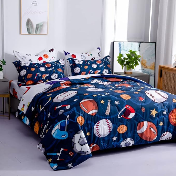 Wajade Sports Comforter Set - 7 Piece Queen Bedding with 3D Soccer, Basketball, Baseball, Football Design for Kids