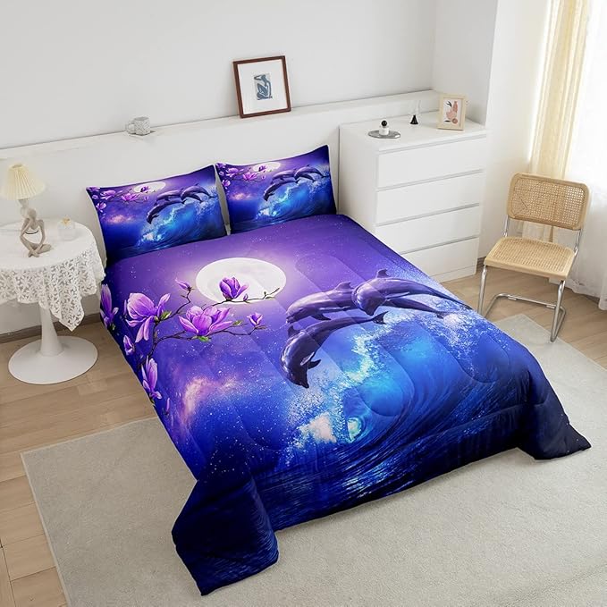 Galaxy Dolphin Bedding Set Twin Coastal Ocean Waves Comforter Set Night Star Moon Cherry Blossoms Comforter For Kids Girls Teens Sea Animal Starry Sky Quilt Duvet Purple Blue Marine Room Decor 2 Pcs