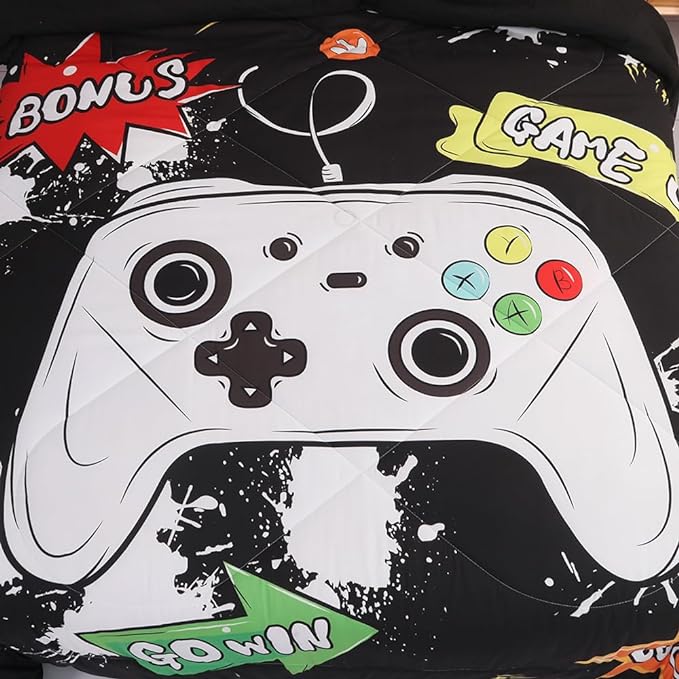 Wajade Kids Game Comforter Set Bed in A Bag Queen Size 7 Piece 3D Colorful Video Game Controller Bedding Set for Boys Girls (1 Comforter, 1 Flat Sheet, 1 Fitted Sheet, 2 Pillowcase and 2 Pillow Sham)