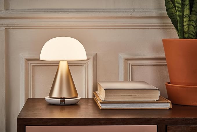 Lexon Mina L Mushroom Lamp - 9 LED Color Table Lamp for Bedrooms, Living Room & Office - Cordless, Rechargeable with 24h Light & Dimmer, Aluminum, Large - Soft Gold