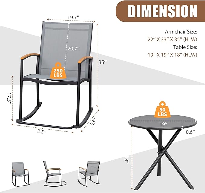 Shintenchi 3 Piece Outdoor Rocking Bistro Set, Textilene Fabric Small Patio Furniture Set, Front Porch Rocker Chairs Conversation Set with Table for Lawn, Garden, Balcony, Poolside (Light Gray)