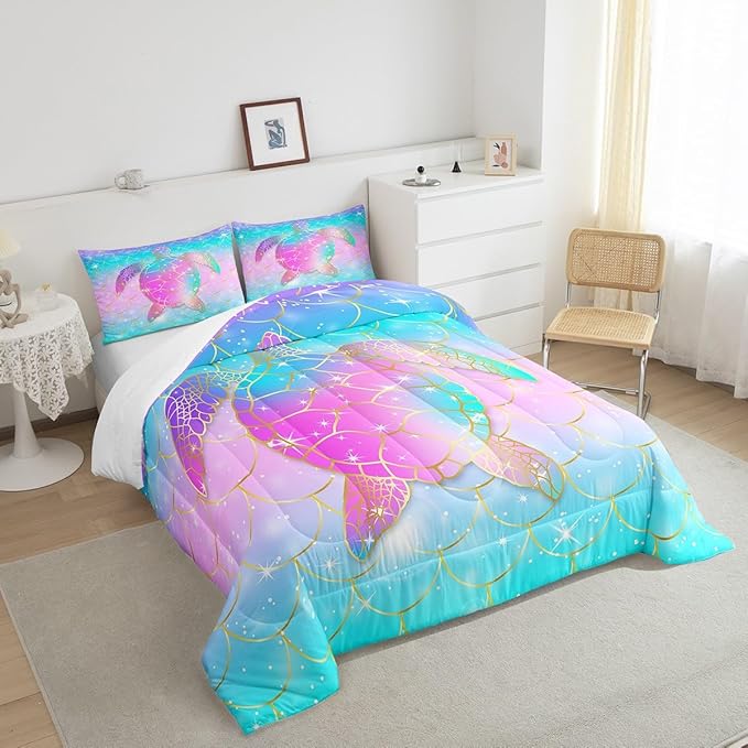 Erosebridal Mermaid Scales Comforter Set for Girls, Tortoise Reptile Bedding Set Full Size, Sea Turtle Ocean Life Duvet Sets for Kids Children Boys Women, Sweet Girly Down Comforter, Teal Blue