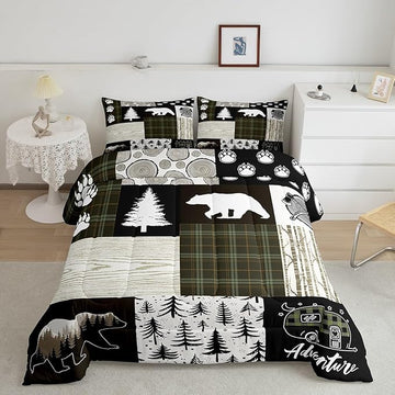 Bear Comforter Set Full Size,Pine Trees Animals Hunting Bedding Set for Kids Boys Girls Adults Room Decor,Camping Adventure Rustic Farmhouse Down Comforter,Green Plaids Duvet Insert,2 Pillowcases