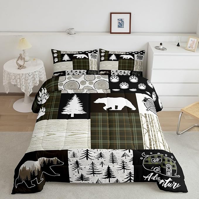 Bear Comforter Set Full Size,Pine Trees Animals Hunting Bedding Set for Kids Boys Girls Adults Room Decor,Camping Adventure Rustic Farmhouse Down Comforter,Green Plaids Duvet Insert,2 Pillowcases