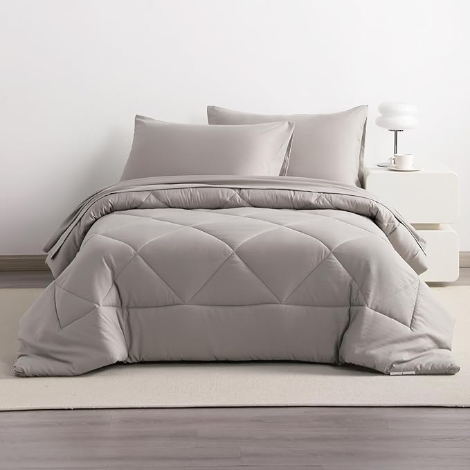 NTBAY Twin Comforter Set with Sheets, 5 Pieces Soft and Breathable Twin Bedding Set, Twin Bed in a Bag, Down Alternative Comforter Set Solid Color All Season, Kids Bedding Set, Smoke Grey
