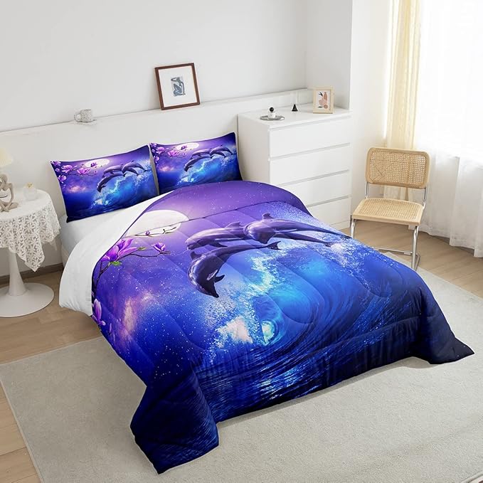 Erosebridal Dolphin Ocean Comforter Set Queen,Coastal Stars Moon Galaxy Bedding Set Cherry Blossoms Sky Starry Comforter for Girls Teen Women Sea Animal Quilted Duvet Purple Blue 2 Pillow Cases