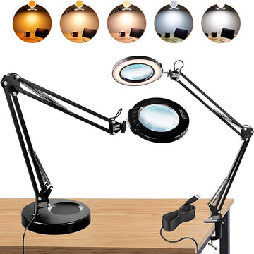 VEVOR 5X Magnifying Glass with Light and Stand, 【Upgraded】 5 Color Modes Stepless Dimmable, 4.3" Glass Lens Magnifier Desk lamp, 2-in-1 Magnifying Light and Stand for Crafts, Reading, Close Work