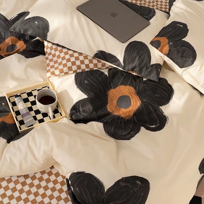 Black Floral Comforter Set Black and White Bedding Full Comforter Set Hand-Drawn Flowers Cotton Women Modern Elegant Chic Quilts Blankets Lightweight Black Flower Reversible Bed Comforter Set
