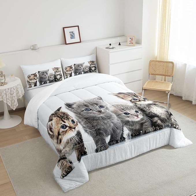 Little Cat Bedding Set Lovely Pet Cats Comforter Cat Lover's Animal Themed Design Comforter Set for Boys Girls Kids Room Decor Cute Kitten Print Duvet Set Twin Size with 1 Pillow Case