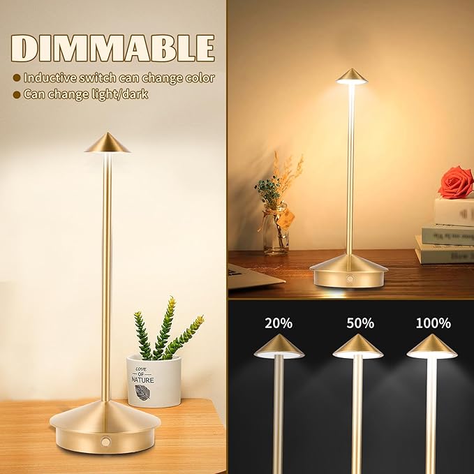 Rechargeable Battery Operated Desk Lamp with Touch Sensor Cordless Portable LED Table Lamp， Three-Level Dimmable Suitable for Bars/Cafes/Restaurants/Bedrooms/Camping Sites (Gold)