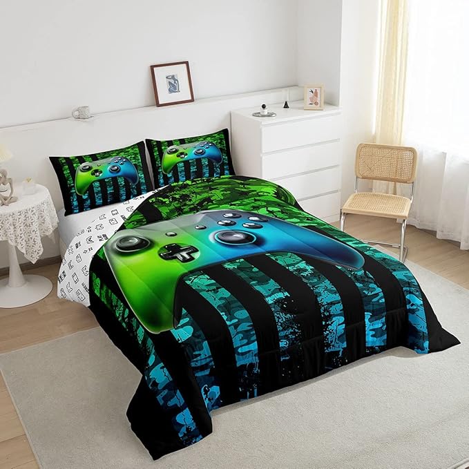Gamer Comforter Set Queen Kids Boys Teens Usa Flag Stars Down Comforter Gaming Comforter Gamer Room Decor Camo Video Game Bedding Set, Gamepad Console Duvet, Youth Young Man Quilt, Grunge Style