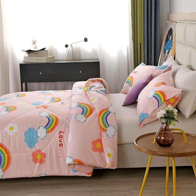 3PCS Rainbow Comforter Set Twin, Cute Pink Twin Size Flower Cloud and Rainbow Comforter Aesthetics, Super Soft and Comfort Microfiber, Kawaii Girls’ Bedroom Decor for Kids, Teens, Children, Women