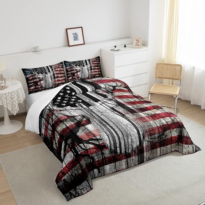Feelyou American Flag Deer Antlers Bedding Set Hunting Camping Comforter Set for Kids Boys Girls USA Flag Comforter Tree Branch Inner Fill Duvet Set 1 Comforter Set with 2 Pillowcases King Size