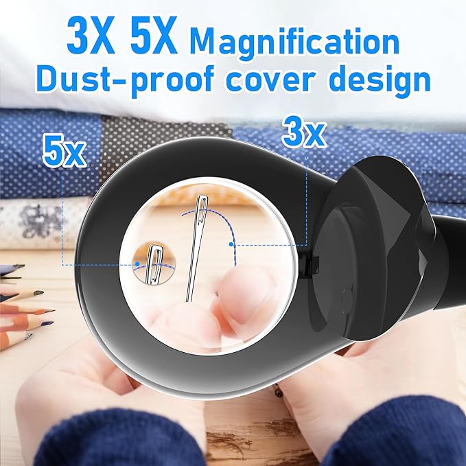 Magnifying Glass with Light, Flexible Gooseneck 3X&5X Glass Lens LED Magnifying Desk Lamp with Clamp, Hand Free Magnifying Lamp with Dust Cover for Reading, Painting, Craft, Repair