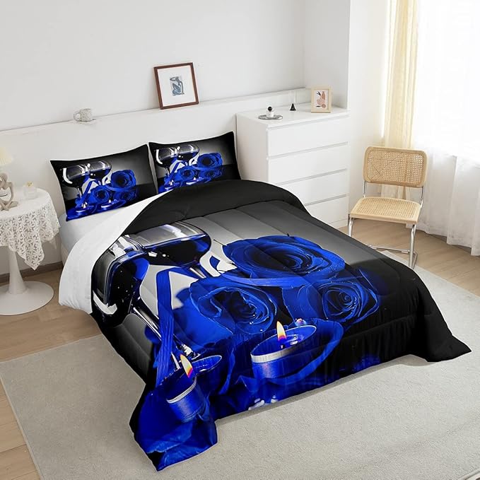 Erosebridal Rose Wine Glass Comforter Set for Girls Royal Blue Rose Bedding Twin Botanical Floral Quilt Set 3D Print Flower Romantic Valentine's Day Duvet Set, Women Men Adult Grey Black Comforter