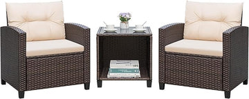 Greesum 3 Pieces Patio Furniture Sets Outdoor PE Rattan Wicker Chairs with Soft Cushion and Glass Coffee Table for Garden Backyard Porch Poolside, Beige