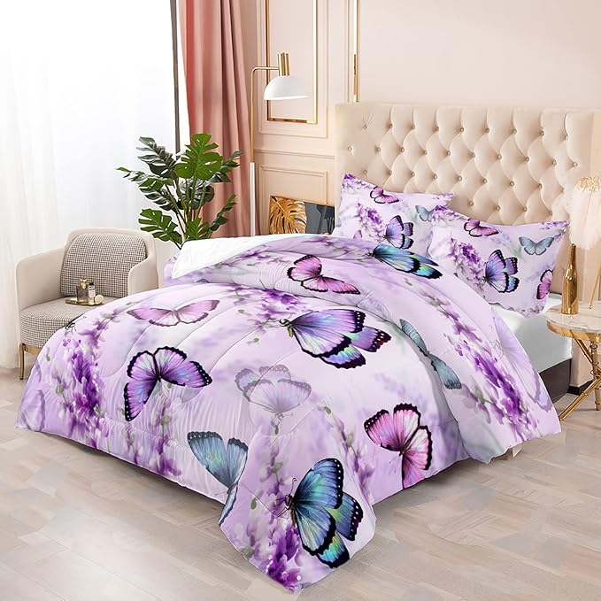 Purple Lavender Butterfly Comforter Set for Girl Kid Adult Colorful Butterfly Pattern Bedding Set Aesthetics Butterflies Quilt Bed Set Queen Size with 1 Comforter and 2 Pillowcases