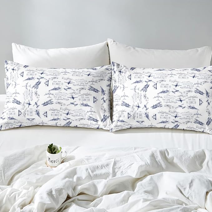 Feelyou Aircraft Bedding Set Kids Airplane Print Comforter Set Boys Girls Decor Aircraft Flying Comforter Cover Set Microfiber Sketch Style Blue White Duvet Set Bedroom Quilt Set Queen Size