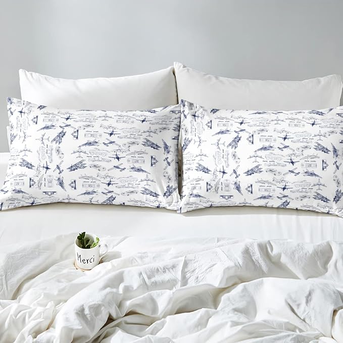 Feelyou Aircraft Bedding Set Kids Airplane Print Comforter Set Boys Girls Decor Aircraft Flying Comforter Cover Set Microfiber Sketch Style Blue White Duvet Set Bedroom Quilt Set Full Size
