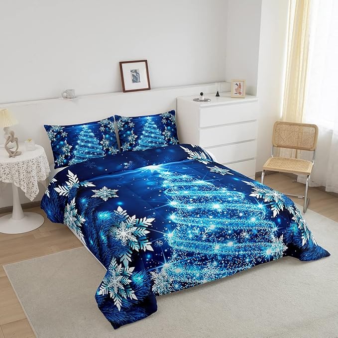 Feelyou Christmas Tree Comforter Set King Xmas Snowflake Comforter for Girls Women Daughter New Year Room Decor Blue Glitter Merry Christmas Bedding Set Winter Warm Soft Quilted Duvet Boys