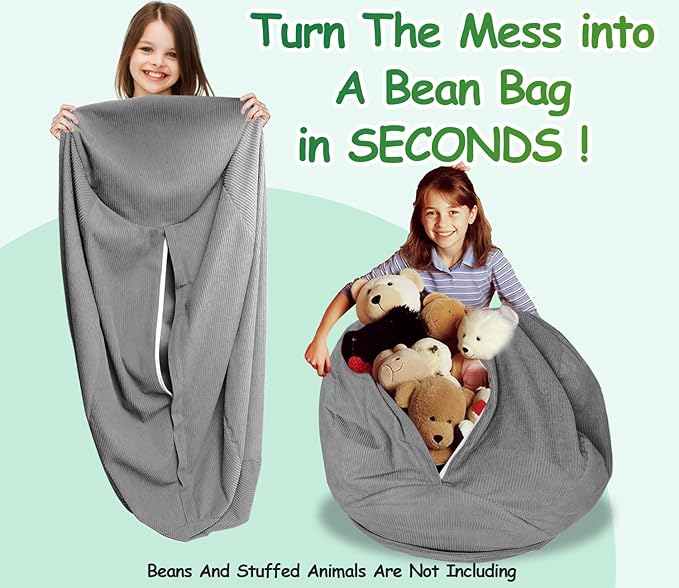 Stuffed Animal Storage Bean Bag Chair Cover (No Filler) Organizing Children's Plush Toys for Kids and Adults Keep your Memory Foam More Organized Gray