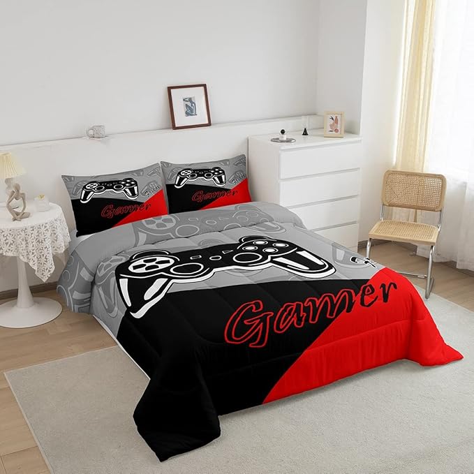 Feelyou Kids Gaming Twin Size Comforter Video Game Bedding Sets for Child Boys Teen Gamer Down Comforter All Season Reversible Game Controller Home Decor,1 Comforter with 1 Pillowcase, Red