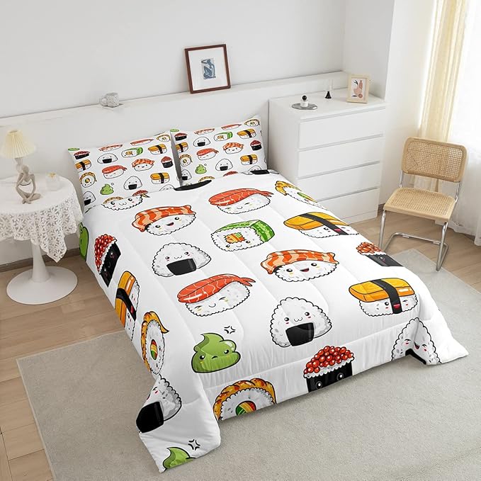 Sushi Pattern Comforter Set Japanese-Style Bedding Set for Kids Boys Girls Teens Food Theme Comforter Cute Cartoon Japanese Sushi Duvet Set Room Decor Quilt Set Twin Size Microfiber