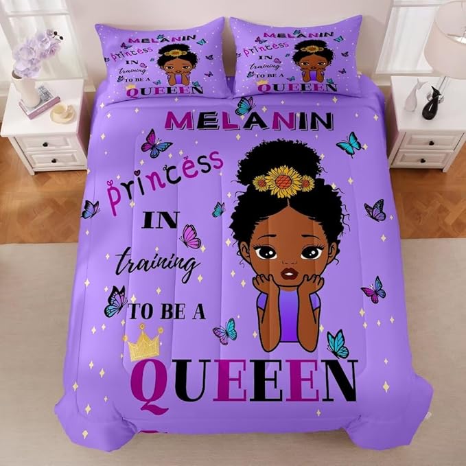 Black Girl Comforter Set Queen for Kids,Black Girl Magic Bedding Set,African American Girl Inspirational Quotes Comforter Set,Black Princess Bed Bedroom Set